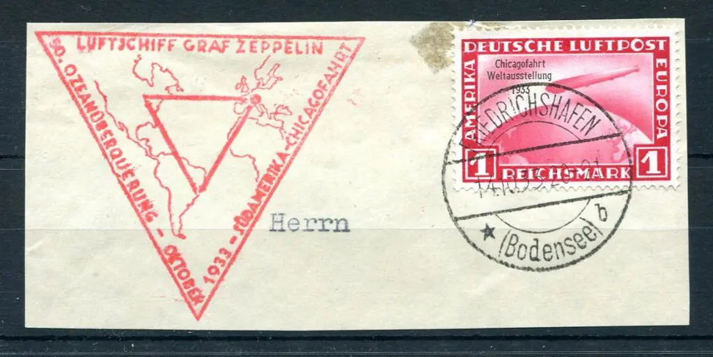 Germany 1933 1m Chicago Flight ovpt tied to piece ... Image 1++