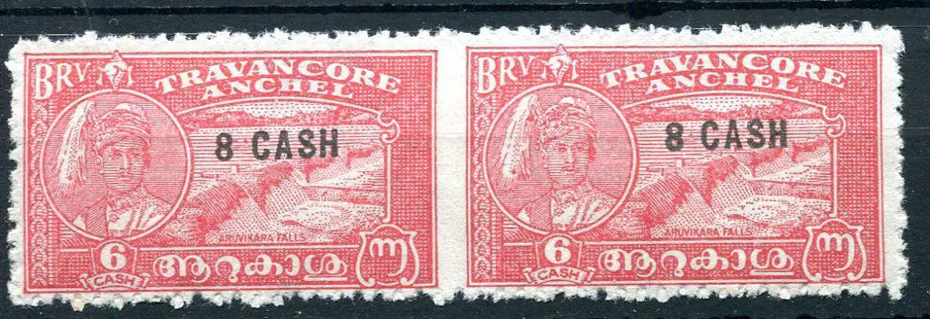 Indian States-Travancore 1943 8ca on 6ca scarlet ... Image 1++