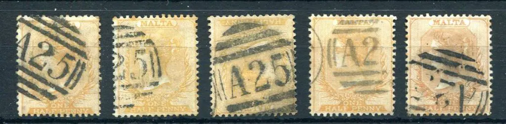 Malta 1863/81 ½d QV in 5 different shades with A25 ... Image 1++