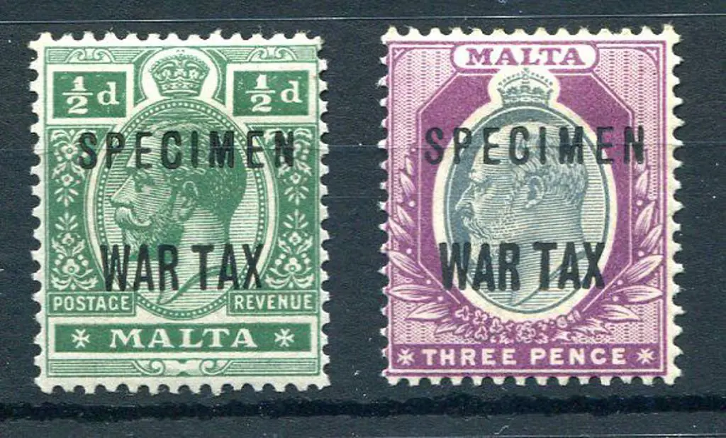 Malta 1917/18 ½d & 3d "War Tax" ovptd "SPECIMEN". ... Image 1++