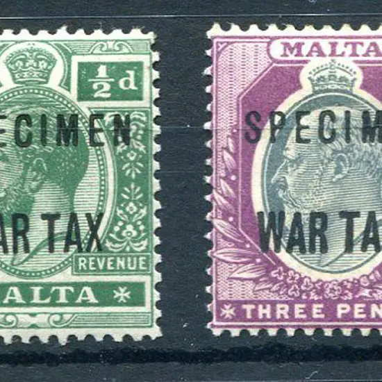Malta 1917/18 ½d & 3d "War Tax" ovptd "SPECIMEN". ...