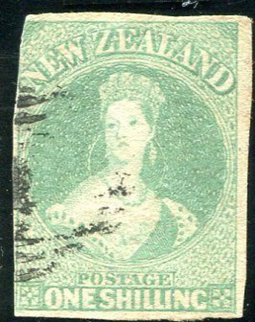 New Zealand 1858 1/- dull emerald Chalon imperf ... Image 1++