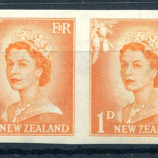 New Zealand 1955/59 1d orange QEII imperf pair. ...