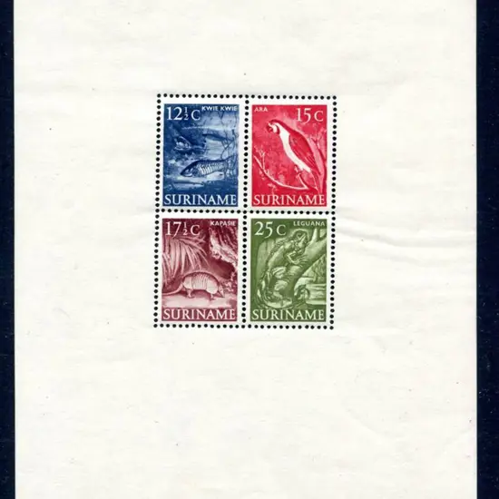 Suriname 1953 12½¢, 15¢, 17½¢ & 25¢ animals M/S. ...