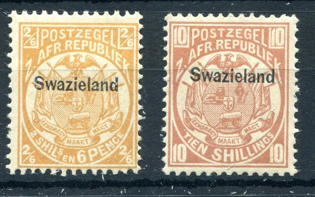 Swaziland 1890 2/6d buff & 10/- dull chestnut Arms ... Image 1++