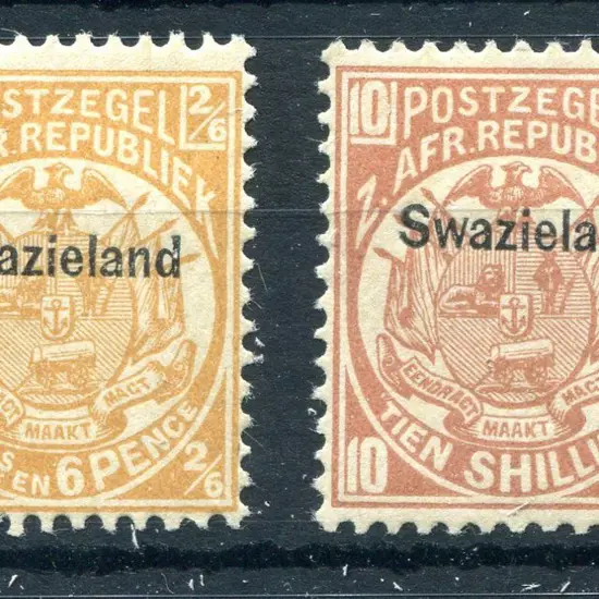 Swaziland 1890 2/6d buff & 10/- dull chestnut Arms ...