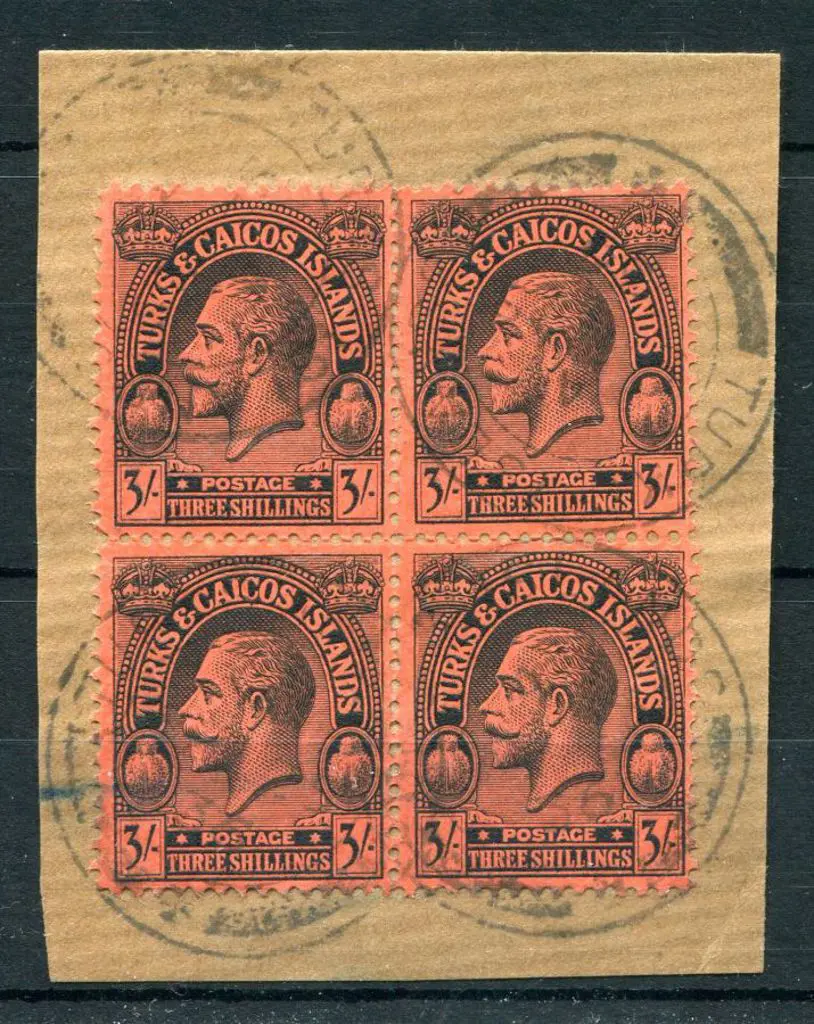 Turks & Caicos Is 1922/26 KGV 3/- black/red block ... Image 1++