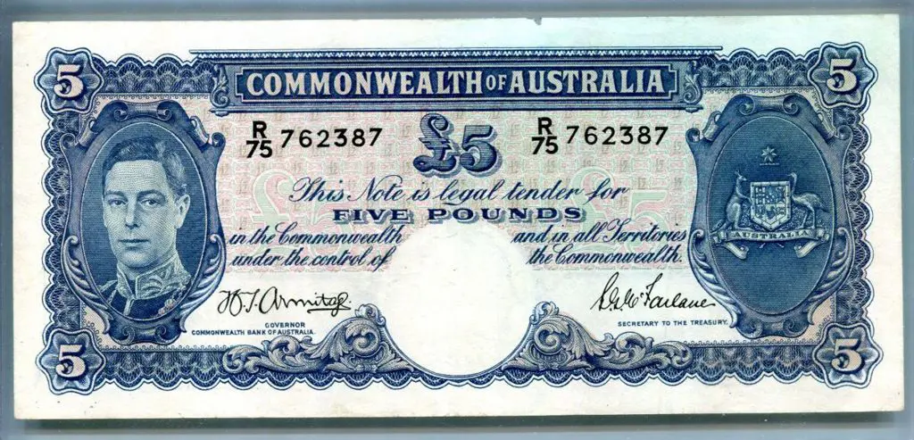 1941 £5 KGVI Armitage & McFarlane Note R75 762387. ... Image 1++