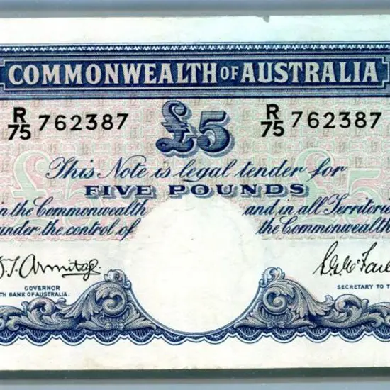 1941 £5 KGVI Armitage & McFarlane Note R75 762387. ...