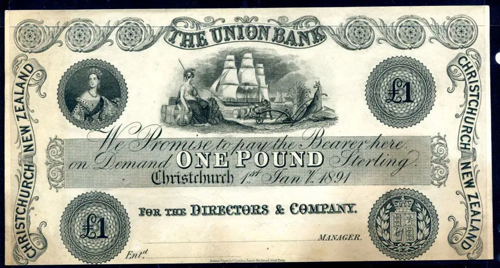 New Zealand 1891 £1 The Union Bank Christchurch. ... Image 1++