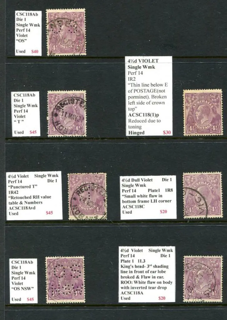 KGV 4½d violet single wmk MUH, MLH & used shades ... Image 1++