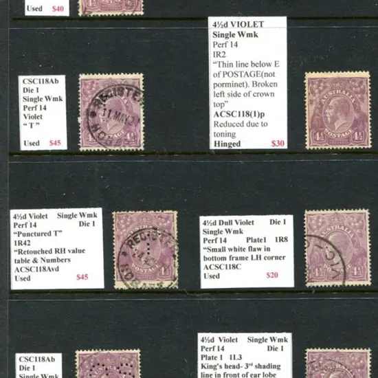 KGV 4½d violet single wmk MUH, MLH & used shades ...