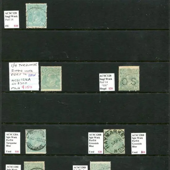 KGV 1/4d turquoise-blue in single wmk shades MLH & ...