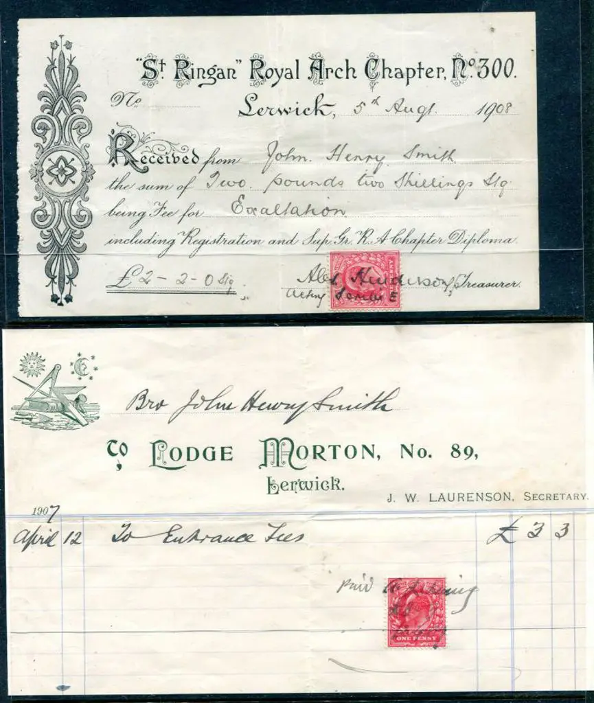 Freemasonry Great Britain 1907 & 1908 receipts for ... Image 1++