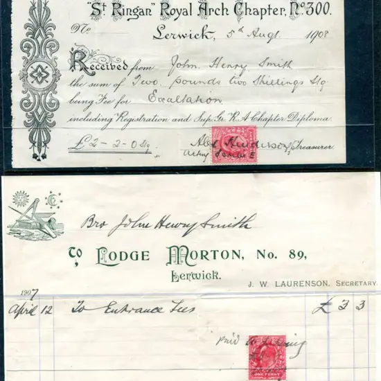 Freemasonry Great Britain 1907 & 1908 receipts for ...