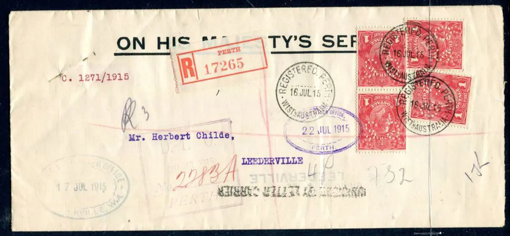 1915 (16th July) OHMS long cover with 1d red, Die ... Image 1++