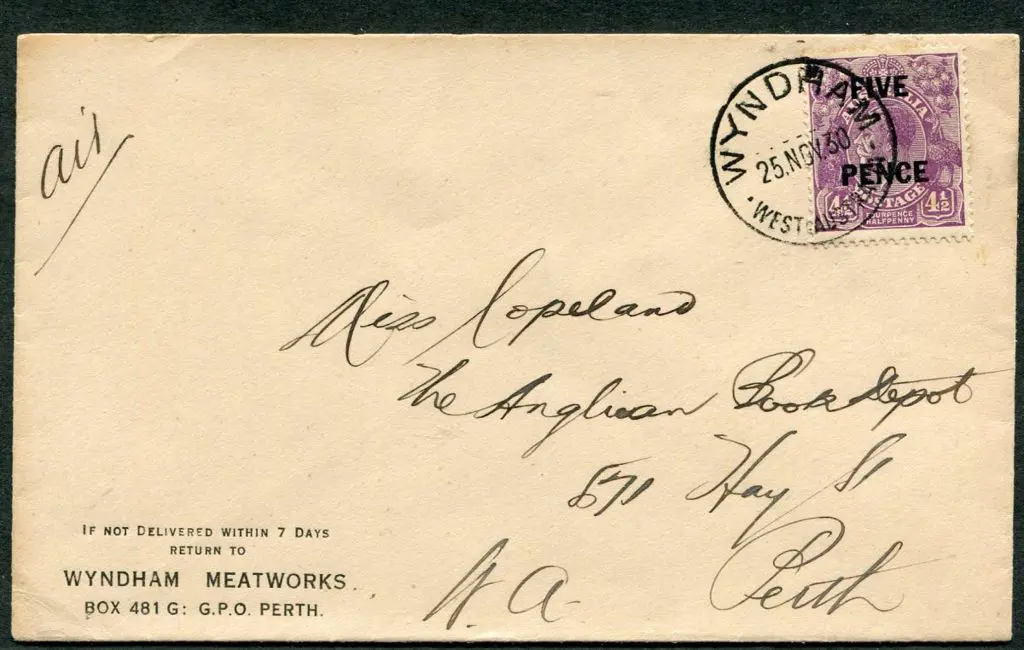 1930 (25th Nov) Wyndham Meatworks Co. env bearing ... Image 1++