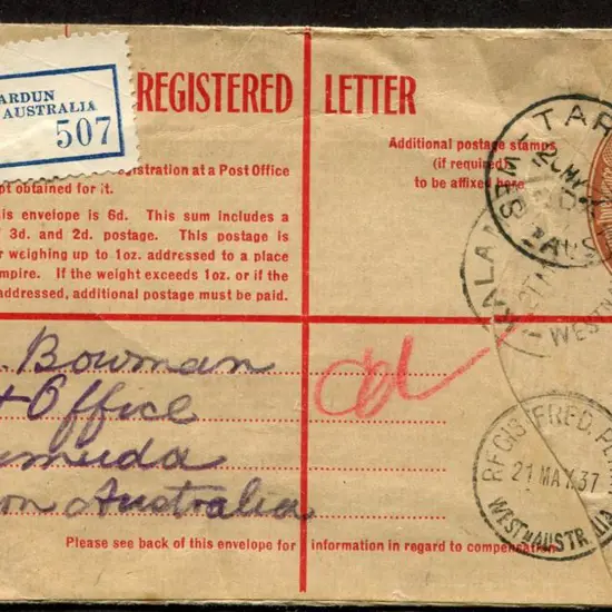 1937 (20th May) 5d Registered Letter env from ...