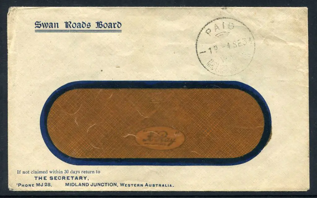 Midland Junction Paid 1d X28 on "Swan Roads Board" ... Image 1++
