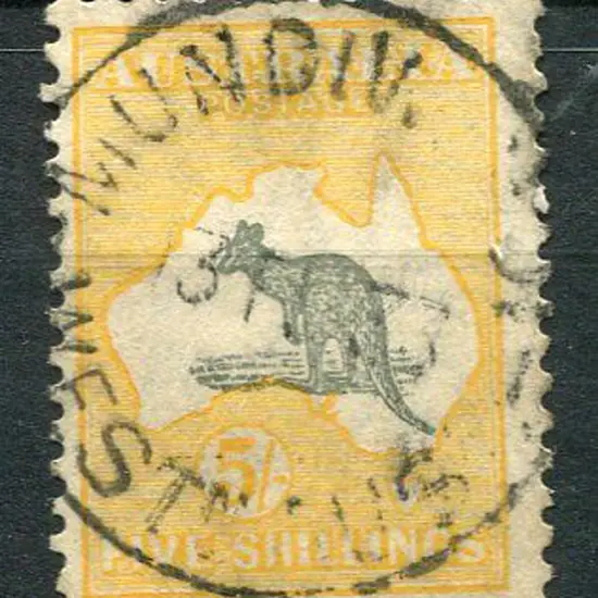 Mundiwindi B27 on 5/- SMW kangaroo dated 13 FE 33. ...