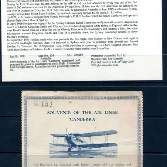 1929 "Souvenir of the Air Liner "Canberra" ...