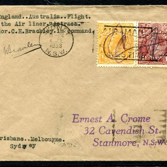 1933 (29th May) Brisbane to Melbourne to Sydney ...