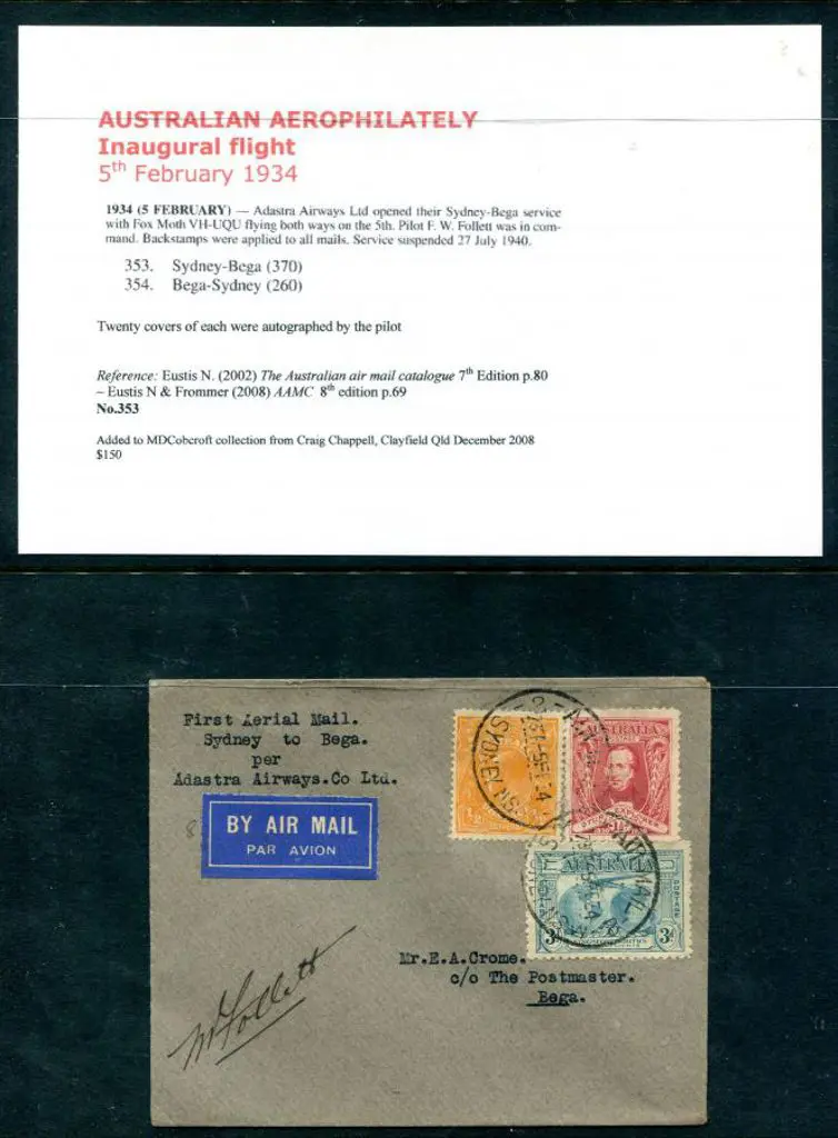 1934 (5th Feb) Sydney to Bega per Adastra Airways ... Image 1++