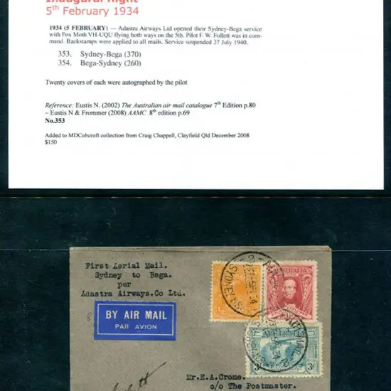 1934 (5th Feb) Sydney to Bega per Adastra Airways ...
