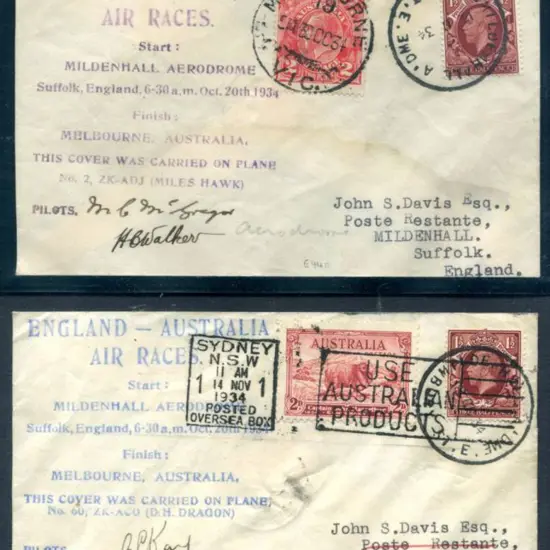 1934 (20th Oct) MacRobertson Air Race pair of ...