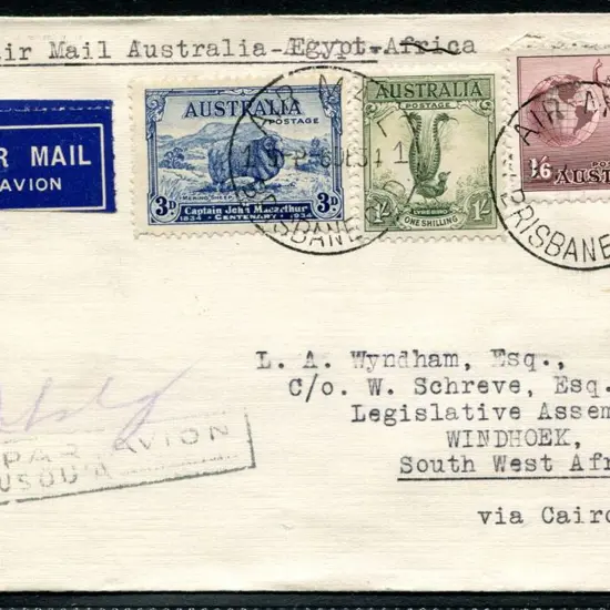 1934 (8th Dec) Brisbane to Windhoek, South West ...