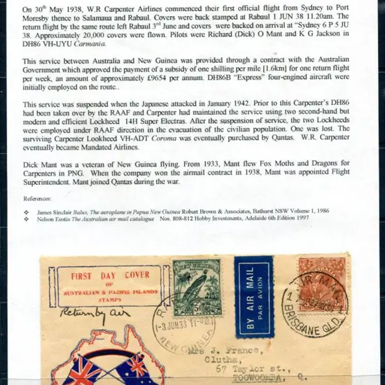1938 (30th May) Aust to New Guinea boomerang ...