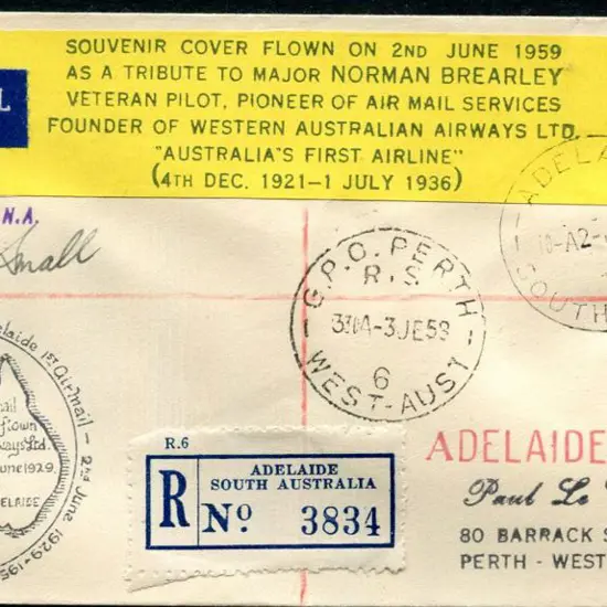 1959 (2nd June) Adelaide to Perth on Adelaide Regd ...