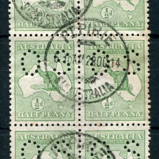 1913 1st Watermark ½d green positional plate block ...