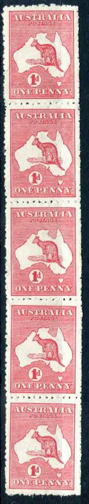 1913 1st Watermark 1d red, Die IIA coil strip of 5 ... Image 1++