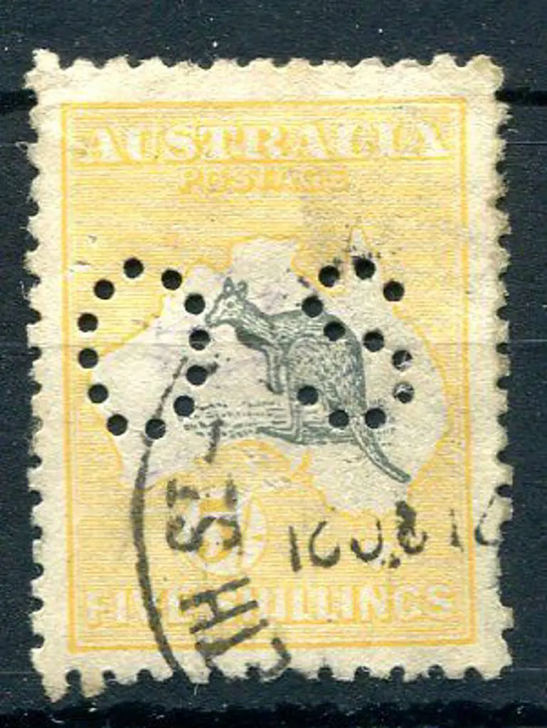 1915 2nd Watermark 5/- grey & yellow perfined ... Image 1++