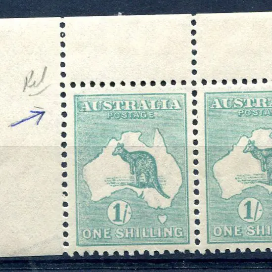 1915/28 3rd Watermark 1/- blue green in top left ...
