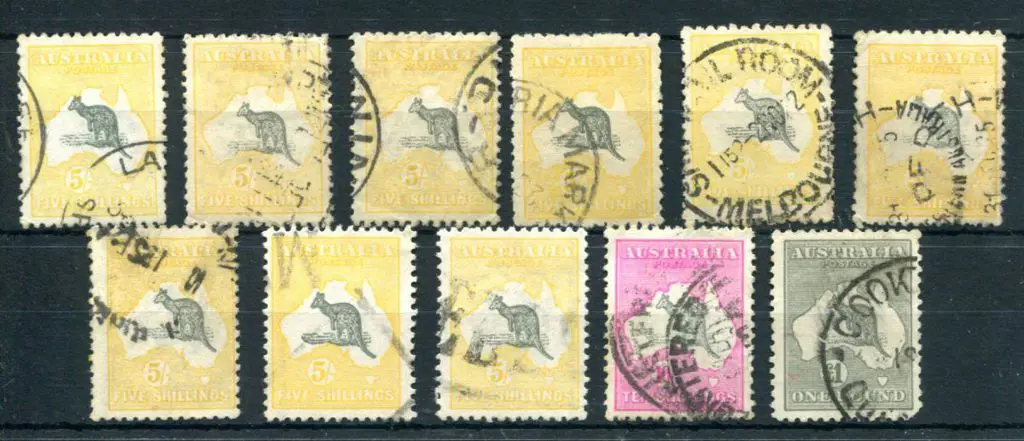 1915/28 3rd Watermark 5/- grey & yellow x 9, 6 ... Image 1++
