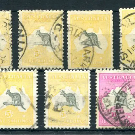 1915/28 3rd Watermark 5/- grey & yellow x 9, 6 ...