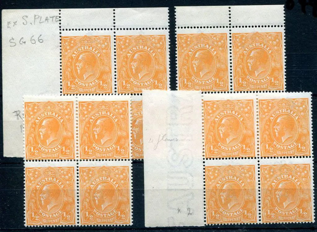 1914-20 Single Watermark ½d orange. 4 blocks of 4 ... Image 1++