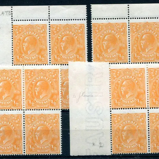1914-20 Single Watermark ½d orange. 4 blocks of 4 ...