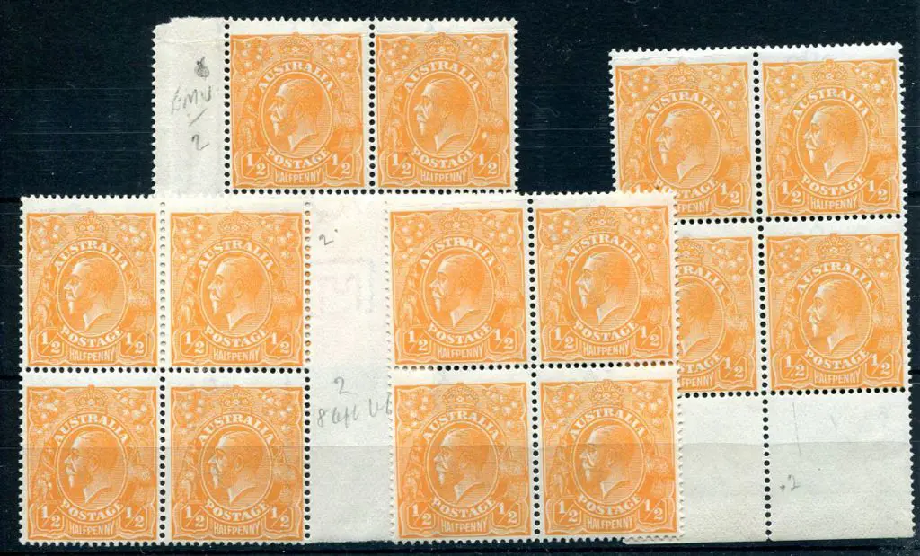 1914-20 Single Watermark ½d orange. 4 blocks of 4 ... Image 1++