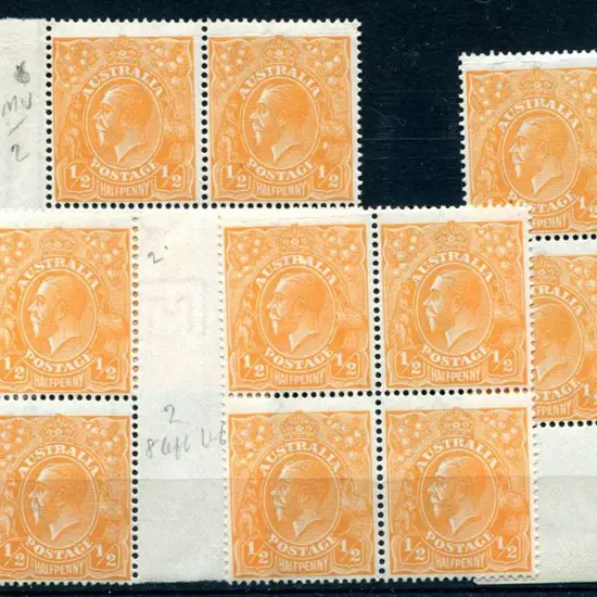 1914-20 Single Watermark ½d orange. 4 blocks of 4 ...
