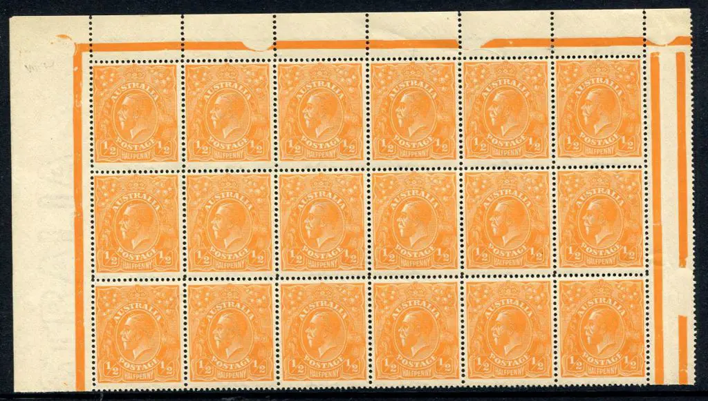 1914-20 Single Watermark ½d bright orange block of ... Image 1++