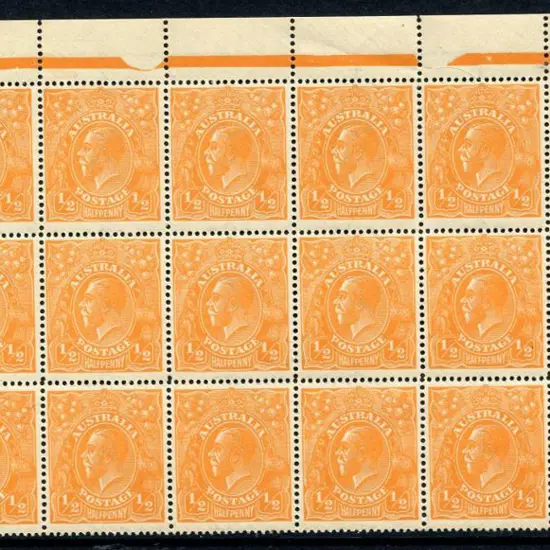 1914-20 Single Watermark ½d bright orange block of ...