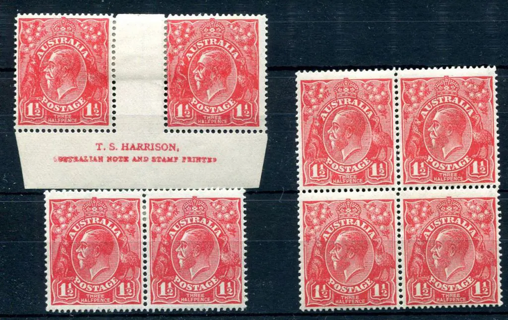 1914-20 Single Watermark 1½d red in two pairs & a ... Image 1++