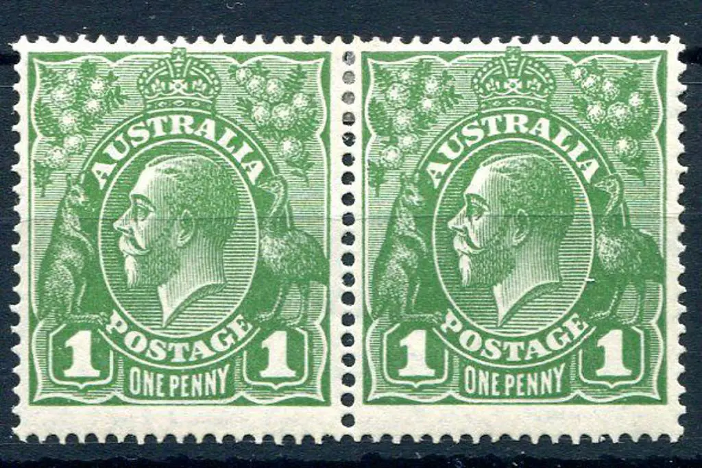 1926-30 SM watermark Perf. 14 1d green horiz pair ... Image 1++