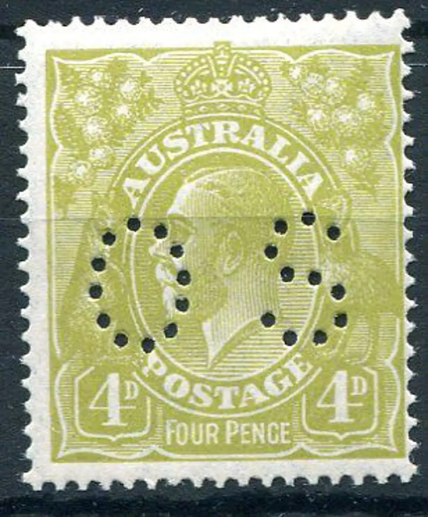 1926-30 SM watermark Perf. 14 4d olive perfined ... Image 1++