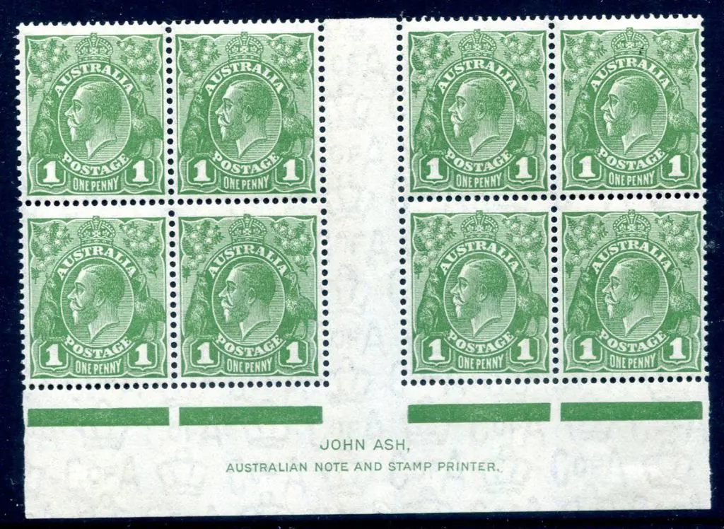 1931-36 CofA 1d green, plate 4, Ash imprint block ... Image 1++