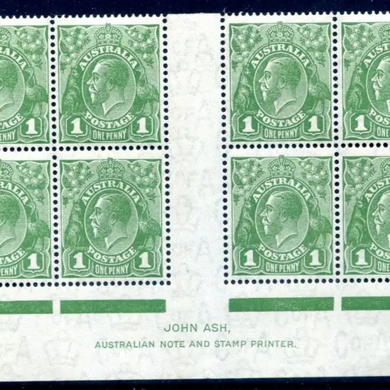 1931-36 CofA 1d green, plate 4, Ash imprint block ...