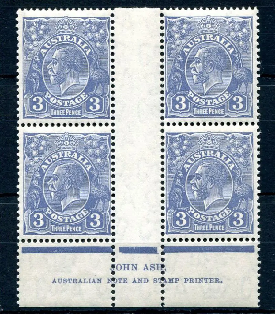 1931-36 CofA 3d blue John Ash imprint block of 4, ... Image 1++
